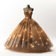 Gold ball gown displayed on mannequin with lights, fashion design