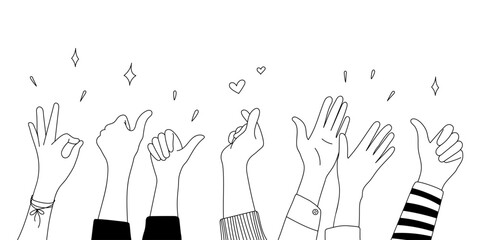 Wall Mural - Doodle sketch hands up gestures comic icons silhouettes vector set. Group of line art fun comic hands in the air. Voting or happy congratulation audience recognition symbols.