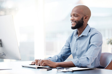 Poster - Desktop, typing and black man in office for research with corporate legal case for startup. Technology, reading and African male attorney working on law procedure for policy review on computer.