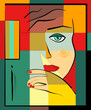A colorful and abstract depiction of a face fills the frame, divided into sections with varying colors such as blue, yellow, and red. Each section features different stylized elements like eyes