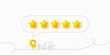 Delivery five stars review icons. 5 stars rate banner. Customer rating feedback banner with human character. Man holding a box package near to delivery truck. Social media five 3d stars review. Vector