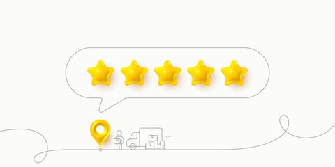 Delivery five stars review icons. 5 stars rate banner. Customer rating feedback banner with human character. Man holding a box package near to delivery truck. Social media five 3d stars review. Vector