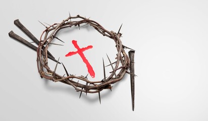 Wall Mural - Jesus Crown of Thorns and nails with cross on desk