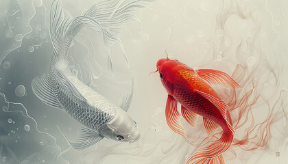 a poster showing two fish swimming underwater, in the style of photorealistic detail,generative ai