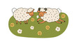 Happy sheep couple grazing on meadow, grass. Adorable funny farm animals, fluffy ewe and ram in nature, countryside. Kids childish rural flat graphic vector illustration isolated on white background
