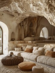 Wall Mural - Modern Cave-Like Interior Design with Elegant Neutral Furnishings