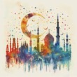 A watercolor painting of a mosque with a crescent moon and stars in the background.