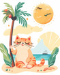Elegante e stiloso gatto  soffice con occhiali da sole in posa tra vibrante flora tropicale della spiaggi, illustrxione estiva scontornabile su sfondo bianco e in stile acquerello, 