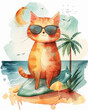 Elegante e stiloso gatto  soffice con occhiali da sole in posa tra vibrante flora tropicale della spiaggi, illustrxione estiva scontornabile su sfondo bianco e in stile acquerello, 