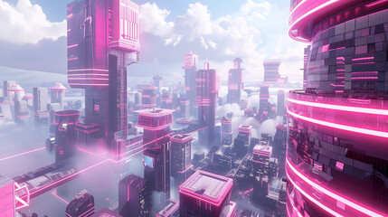 Wall Mural - Cityscape with pink buildings and neon lights