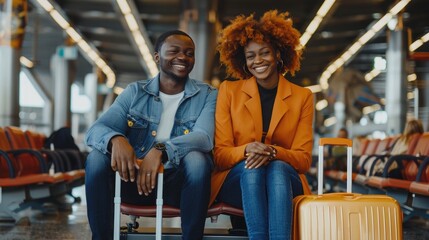 Young good-looking black Afro American couple sitting with suitcases at airport for international departure travel , happy smiling people