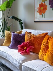 Wall Mural - Colorful Throw Pillows on Modern White Sofa