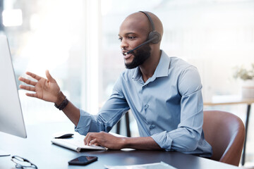 Poster - business, black man and agent with customer service, telemarketing and help desk with computer. insu