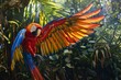 Vibrant macaw spreads its wings amid the lush foliage of a tropical rainforest