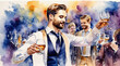 Handsome men having fun at gay party, watercolor painting style, generative AI.