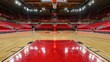 a basketball court with red bleachers and a wood floor.