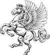 Pegasus winged flying horse mythological animal from Greek myth. For a crest in rampant pose. Heraldic coat of arms heraldry design element in a vintage illustration style.