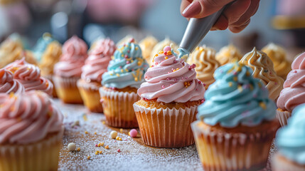 Person frosting delicious cupcakes