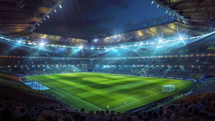 Wall Mural - 3D Rendering of soccer sport stadium, green grass during night match, Ai