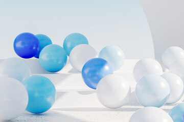 Aufkleber - Abstract summer scene with white and blue glossy balloons in the pool. 3d rendering.