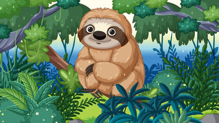 Poster - Vector illustration of a happy sloth in the forest