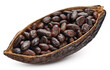 Cocoa pod and cocoa beans on a white background. Cocoa bean with clipping path
