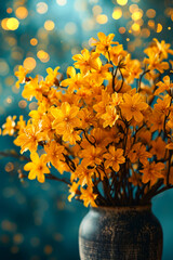 Sticker - Vase filled with yellow flowers such as daisies or sunflowers against blue background.