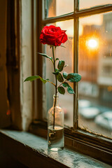 Poster - Single red rose sits in bottle of water on windowsill at sunset.