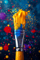 Poster - Close up of paint brush fully coated in yellow and blue paint.