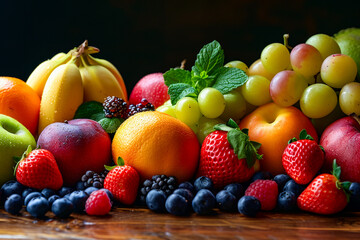 Poster - Fruit arrangement on table with apples oranges and blueberries.