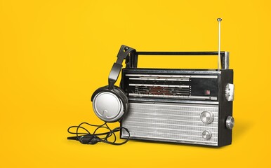 Sticker - old radio on yellow background, music concept