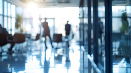 Aufkleber - A blurry image of a busy office with people walking around and chairs