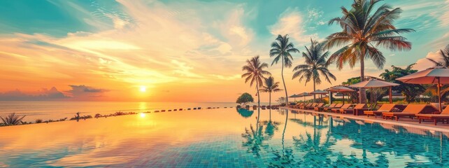 sunset over the river. pool in the tropical resort. outdoor tourist landscape. luxury beach resort w