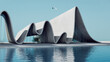 Curvilinear architecture on calm waters. 3D rendering of wave-inspired structures with reflections in the ocean. Innovative design concept for architectural exhibition.