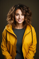 Poster - Woman with yellow jacket and black shirt smiling.