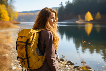 Poster - Woman with yellow backpack looking at the water.