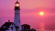 Soft, pink hues of the setting sun casting a warm glow on the lighthouse, abstract  , background