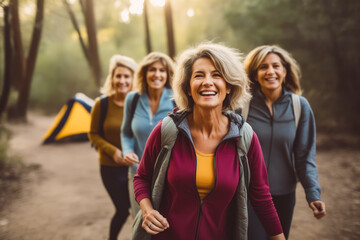 Poster - Group of women walking down road together, with one woman smiling.