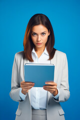 Poster - Woman holding tablet in her hands and looking at the camera.