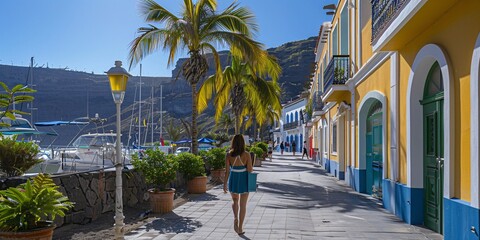 Wall Mural - A female strolling in the harbor of a seaside village in the southern part of Gran Canaria, Spain.