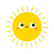 Yellow sun shining icon. Hello summer. Cute cartoon funny smiling character.Kawaii face with happy emotion. Big eyes. Baby collection. Childish style. Flat design. White background. Isolated. Vector