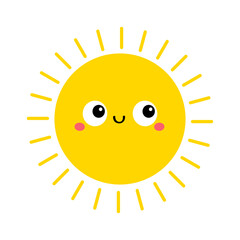 Poster - Yellow sun shining icon. Hello summer. Cute cartoon funny smiling character.Kawaii face with happy emotion. Big eyes. Baby collection. Childish style. Flat design. White background. Isolated. Vector