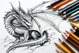 Fototapeta  - A drawing of a dragon with a pencil and a box of colored pencils. The dragon is sitting on a rock and has a menacing look on its face. The colored pencils are arranged in a rainbow pattern