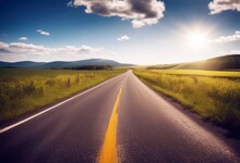 'road Sunny Single Country Anywhere Perspective Day Point Summer Highway Warm Travel Drive Asphalt Pavement Blacktop Lane Line Shoulder Yellow Driving Scenic Hill Outdoors'