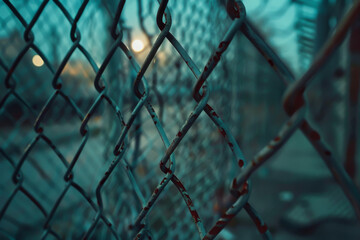 A close up of a chain link fence with red paint on it. The fence is surrounded by a dark blue sky