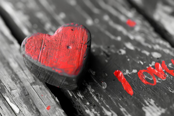 A heart with the word love written on it. The heart is red and black. Concept of love and affection