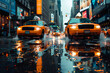 Two yellow cabs driving in the rain. The street is wet and the cars are splashing water