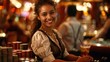 Casino Staff: A photo of a casino waitress serving drinks to players at a gaming table