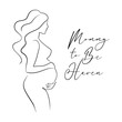 Mommy to be haven logo, text and pregnant woman in line art style