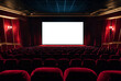 Mockup of large empty screen in cinema for watching movie, no people. Film theatre screen with big shield, advertising template for your text, mock-up. Business idea design concept. Copy ad space
